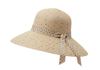 Beige sun hat with polka dot ribbon summer fashion accessory straw hat womens headwear isolated transparent background