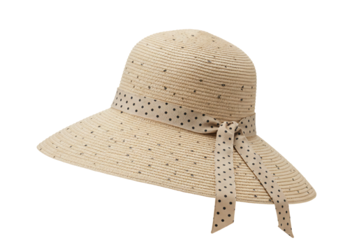 Beige sun hat with polka dot ribbon summer fashion accessory straw hat womens headwear isolated transparent background