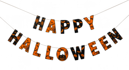 Spooky halloween banner with the words happy halloween in orange and black colors isolated on transparent background