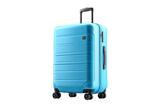 Light-blue hard-shell suitcase, upright, with wheels and handle