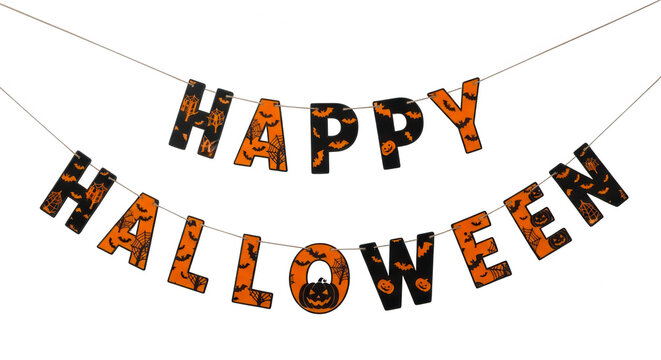 Spooky halloween banner with the words happy halloween in orange and black colors isolated on transparent background