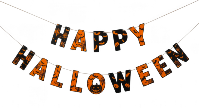 Spooky halloween banner with the words happy halloween in orange and black colors isolated on transparent background