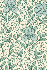 Seamless floral pattern with hand-drawn botanical design featuring leaves and flowers in soft green tones on a light background. Elegant decorative illustration perfect for fabric, wallpaper,