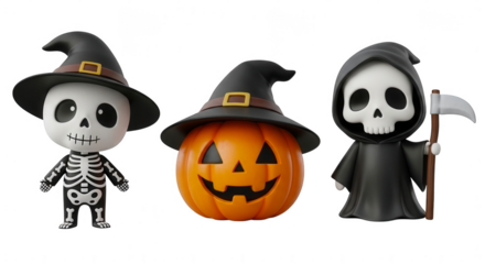 Three halloween characters including a skeleton witch a pumpkin and the grim reaper isolated on transparent background