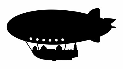 Silhouette of a zeppelin with white circles and a structure hanging below it against a white background