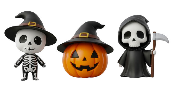 Three halloween characters including a skeleton witch a pumpkin and the grim reaper isolated on transparent background