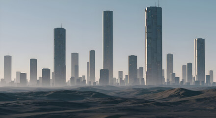 Futuristic city skyline with numerous tall, gray skyscrapers in a desert landscape. Cityscapes of a desolate future with a hazy background.