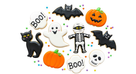 Collection of halloween themed cookies including ghosts pumpkins bats and skulls isolated on transparent background