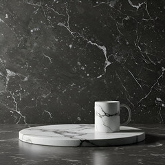 Marble coffee cup on a round marble podium against a dark marble background. Elegant, minimalist display with a neutral color palette.