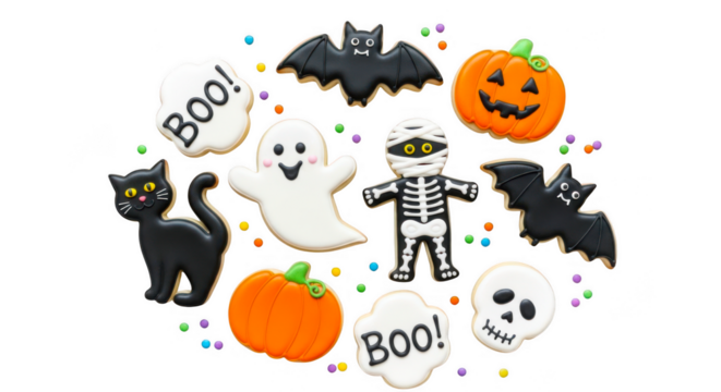 Collection of halloween themed cookies including ghosts pumpkins bats and skulls isolated on transparent background