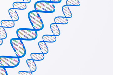 Glass DNA double helix with colorful reflections on light background, positioned to the left for text space. Concept of genetics, biotechnology, molecular biology, and futuristic medical illustration.