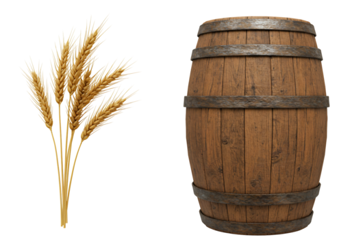 Wooden barrel and wheat sheaf on transparent background