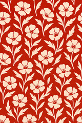 Seamless floral pattern with cream poppy-like flowers and leaves on a bold red background. Perfect for textile design, wallpaper, packaging, gift wrap, and decorative surface projects.