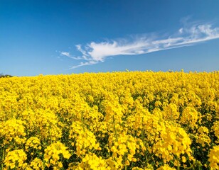 Vast field of bright yellow flowers under a clear blue sky