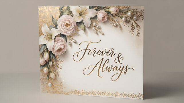 Elegant wedding card with floral arrangement and forever and always message - Powered by Adobe