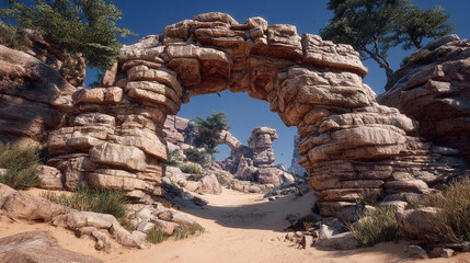 Ancient stone archway opens to a vast desert landscape. Sunlit sand dunes and weathered architecture create a timeless, historical scene perfect for travel, archaeology, and adventure visuals.