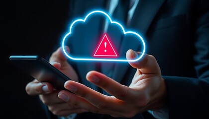 Person holding smartphone with glowing cloud icon and warning symbol computing data