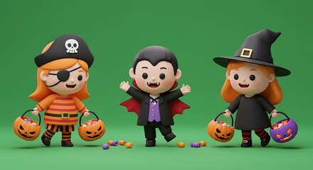 Three cartoon characters, dressed in Halloween costumes, carry pumpkin-shaped candy buckets against a vibrant green background.