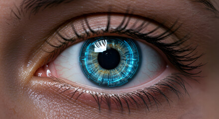 Woman's eye with augmented reality interface, close-up view. Focus on detailed blue graphic patterns overlayed on the natural eye structure.