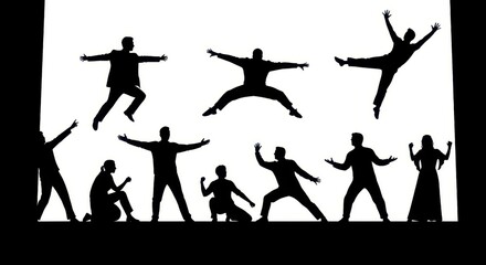 Silhouettes of diverse people performing dynamic poses, showcasing movement and energy against a stark white background.
