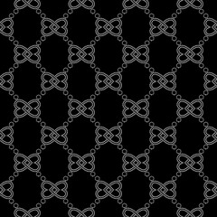 Fototapeta premium Seamless geometric black and white infinity heart pattern, luxury monogram design with dotted beads, abstract interlaced lattice background.