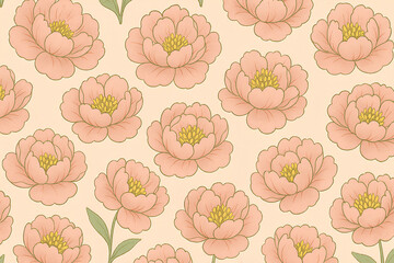 Seamless floral pattern with soft pink peony flowers on a beige background. Elegant botanical vector design perfect for fabric, wallpaper, wrapping paper, packaging, and surface decoration.