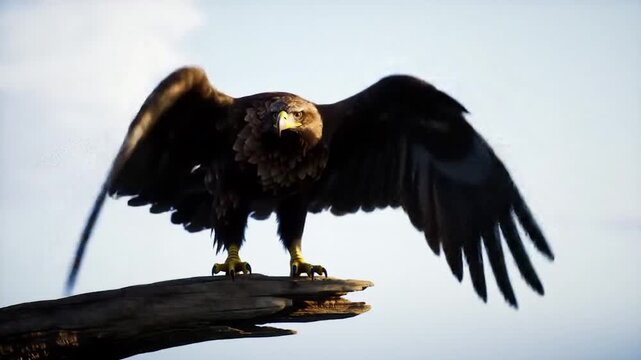 Majestic golden eagle perched on branch wings outspread