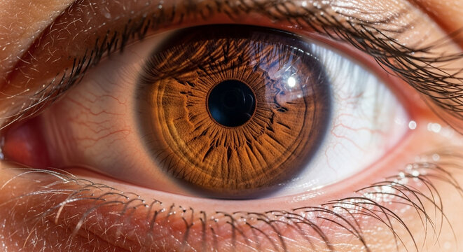 Close-up shot of a human eye, showcasing intricate details of the iris with a captivating blend of brown hues, reflecting light, and surrounded by eyelashes. - Powered by Adobe