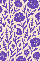 Seamless floral pattern featuring bold purple wildflowers and leaves on a light beige background. Perfect for fabric design, wallpaper, wrapping paper, stationery, and modern decorative projects.