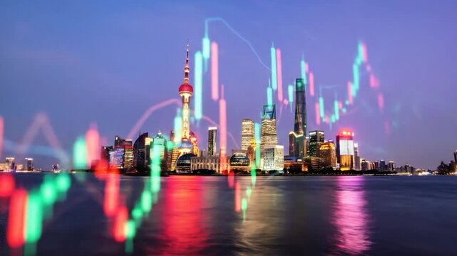 Cityscape with superimposed stock data