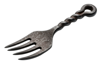 Rustic, hand-forged dark iron dinner fork with well-worn tines, twisted handle, oxidized patina, on transparent background with copy space, studio light. Concept of ancient craftsmanship