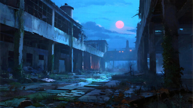 Red Moon Eerie abandoned factory complex bathed in the glow of a surreal pink moon, overgrown with vines and shrouded in mist - Powered by Adobe