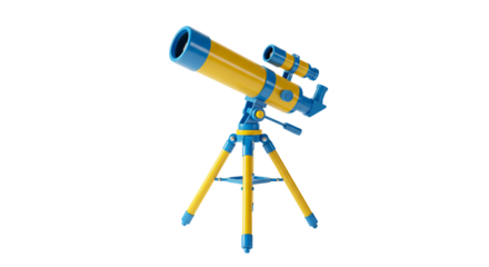 Yellow and blue refracting telescope on tripod transparent background
