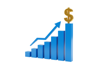 3 d render blue bar graph chart with golden dollar sign upward trend financial growth success
