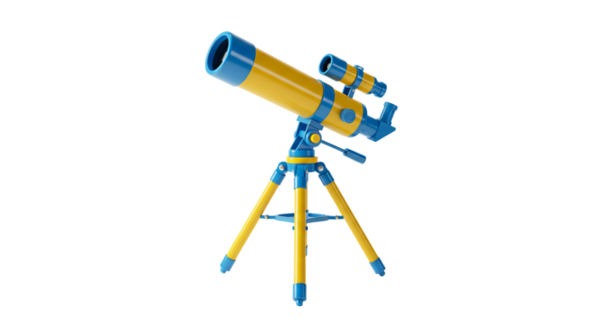 Yellow and blue refracting telescope on tripod transparent background