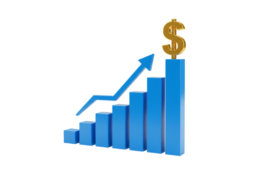 3 d render blue bar graph chart with golden dollar sign upward trend financial growth success