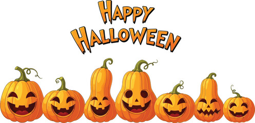 Happy halloween greeting card with cute cartoon pumpkins, perfect for banner or poster design