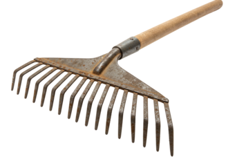 Rusty metal rake with wooden handle on transparent background