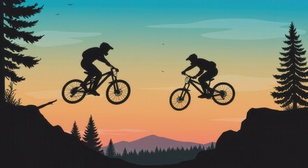 Obraz premium Two mountain bikers soar through a vibrant sunset landscape, silhouetted against a backdrop of lush forest and hills.