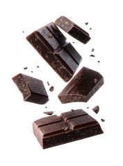 Dark chocolate bar pieces in mid-air, fragmented