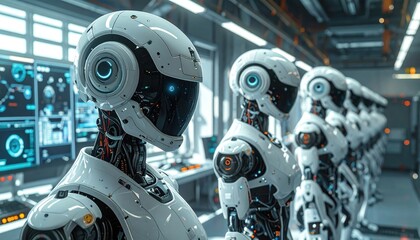 Fototapeta premium A line of futuristic white robots stand in a sterile, modern control room, their intricate mechanisms visible.