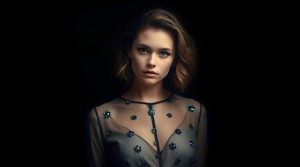 A Woman with Blue Crystals on Her Blouse in a Warm Golden Glow