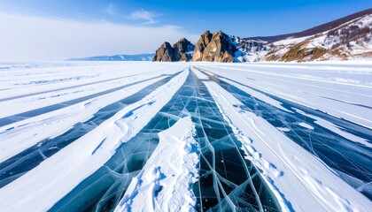 A vast frozen expanse of ice, patterned with intricate cracks, stretches across a serene winter landscape.