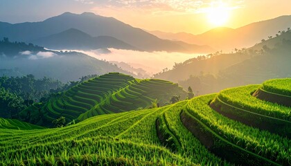 Fototapeta premium Morning sunrise over green terraced rice fields with mountain mist view