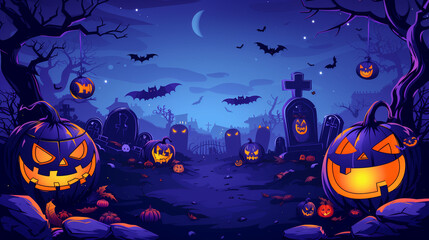 Halloween Graveyard Background with Pumpkins and Bats, Cartoon Illustration, 16:9 Banner