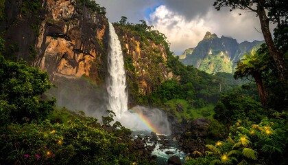 Majestic waterfall cascading down rocky cliffs, surrounded by lush greenery and a vibrant rainbow