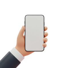 3D Render Hand Holding Blank White Smartphone Isolated on Transparent Background