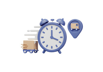 3D Render Illustration of a Blue Alarm Clock with Delivery Elements and White Background