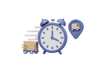 3D Render Illustration of a Blue Alarm Clock with Delivery Elements and White Background