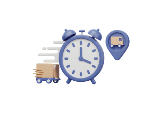 3D Render Illustration of a Blue Alarm Clock with Delivery Elements and White Background - Powered by Adobe